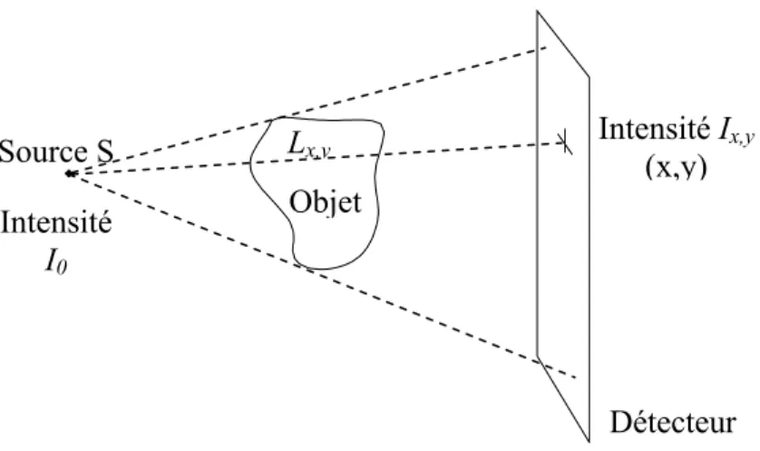Figure I.4  Atténuation du rayon arrivant en (x, y) selon la loi de Lambert-Beer 