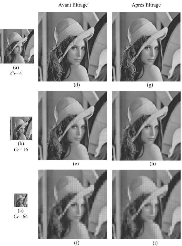 Figure II.14  Reconstruction d’image ‘‘Lena’’ compressée sans recouvrement  Images compressées (a), (b) et (c) 