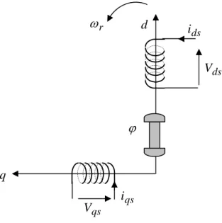 Fig. I.9 : Schéma équivalent d’un MSAP dans le repère (d,q)  Après développement des équations, on obtient les équations suivantes :  