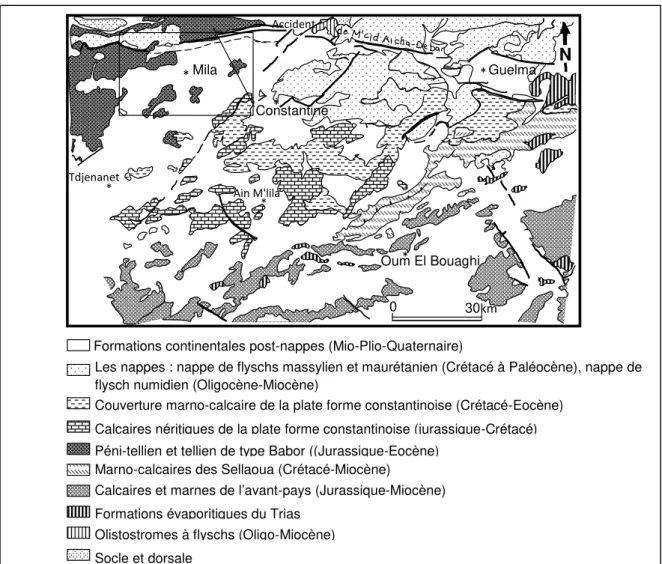Figure I-7 : Carte géologique montrant la disposition des formations post- post-nappes du bassin de Mila et l’accident de M’cid Aicha (J.M.Vila, 1980)