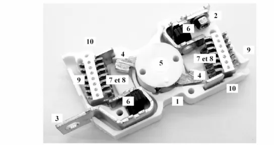 Figure I.4. Disjoncteur compact NS 160 Merlin Gerin  1 : enveloppe ;  2 et 3 : contacts fixes ;  4 : contacts mobiles ;  5 : barreau flottant ;  6 : cales ;  7 : joues ;  8 : chambre de précoupure ;  9 : chambre de coupure ;  10 : masse électrique