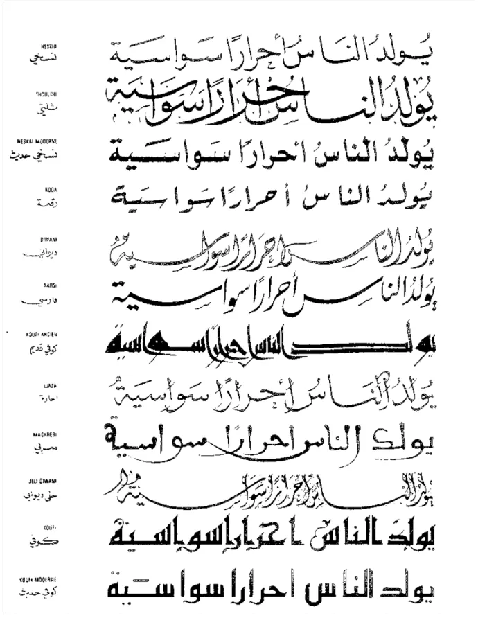 Figure II-8 – première phrase de la charte des droits de  l’homme : « ﺔﻴﺳاﻮﺳ اراﺮﺣأ سﺎﻨﻝا ﺪﻝﻮﻳ »  , répétée en huit styles différents 