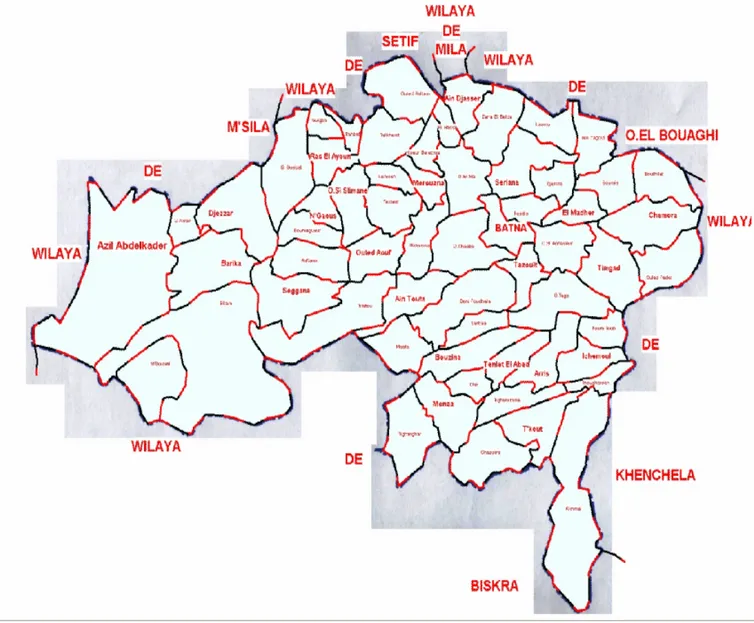 Figure 5: découpage administratif et limites de la wilaya de Batna (source: Direction de la  Planification et de l'Aménagement du Territoire 2007)  