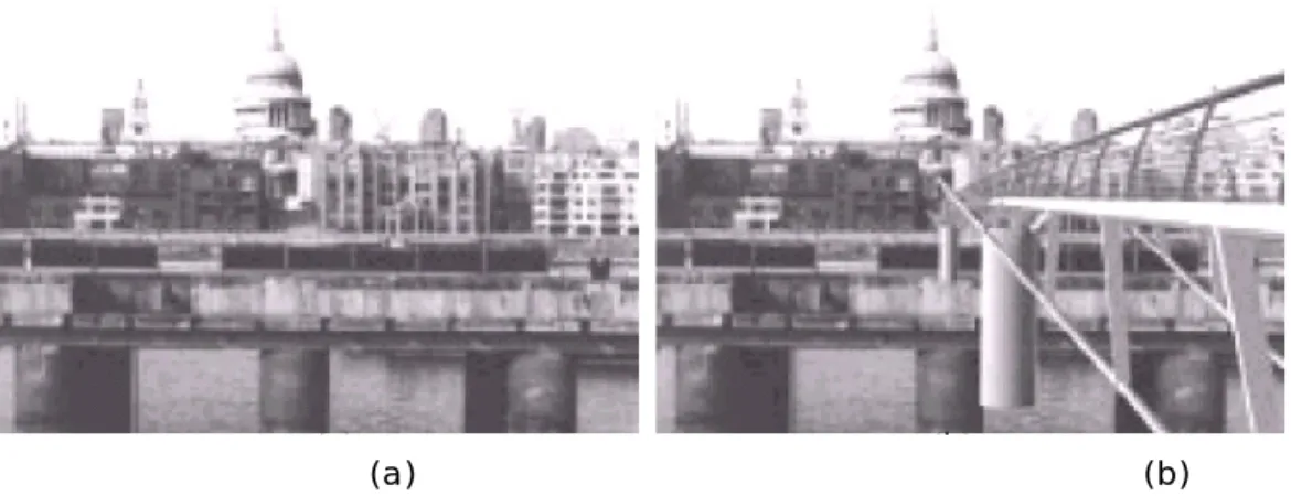 Figure 13.   Exemple de la réalité augmentée pour la construction de pont  (a)  La scène originale montrant l’emplacement du pont proposé.