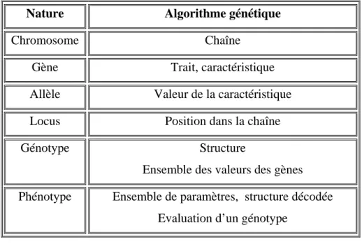 Tableau 2. 1-  Comparaison de la terminologie naturelle                   et celle des algorithmes génétiques 