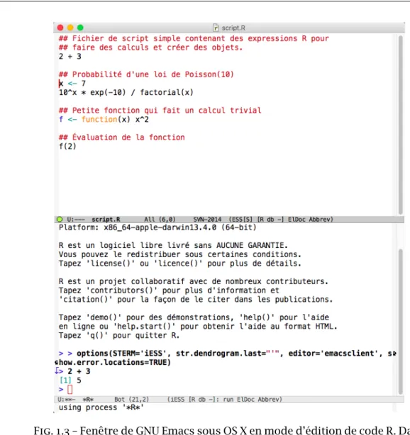 Fig. 1.3 – Fenêtre de GNU Emacs sous OS X en mode d’édition de code R. Dans la partie du haut, on retrouve le ﬁchier de script de la ﬁgure 1.2 et dans la partie du bas, l’invite de commandes R.