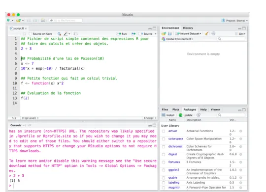 Fig. 1.4 – Fenêtre de RStudio sous OS X dans sa conﬁguration par défaut.