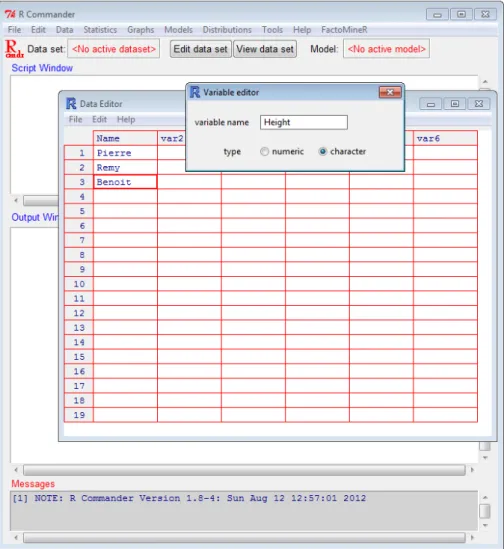 Figure A.3 – Entrer des donn´ ees via l’interface graphique de RCommander.
