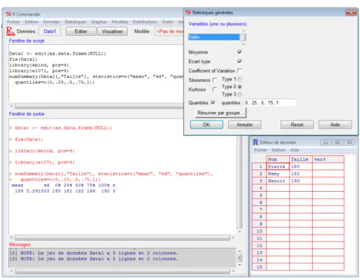 Figure A.4 – Statistiques ´ el´ ementaires avec RCommander.
