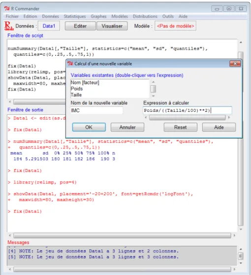 Figure A.5 – Manipulation d’un jeu de donn´ ees avec RCommander.