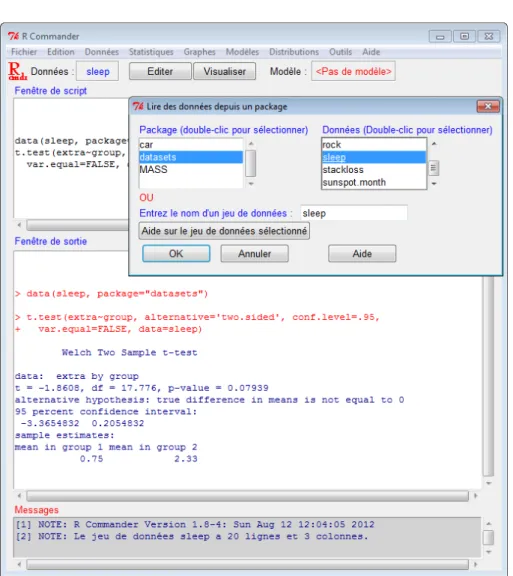 Figure A.6 – Test de moyennes avec RCommander.