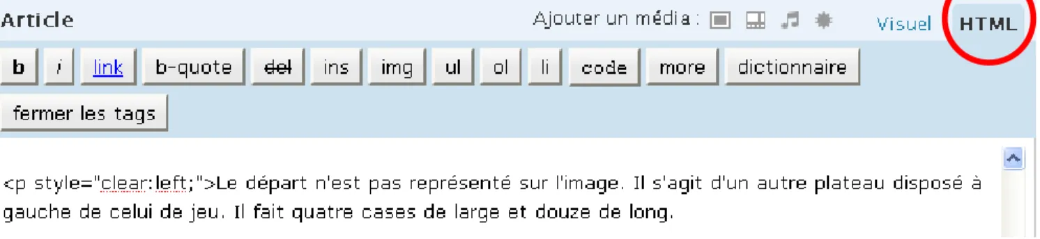Figure 2 : le mode HTML  Et de rajouter le code suivant juste devant le paragraphe : 