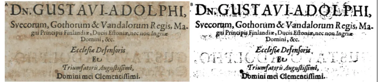 Figure 2.13  Document binarisée par la méthode de Niblack. A :document ori- ori-ginale, B :document binarisée