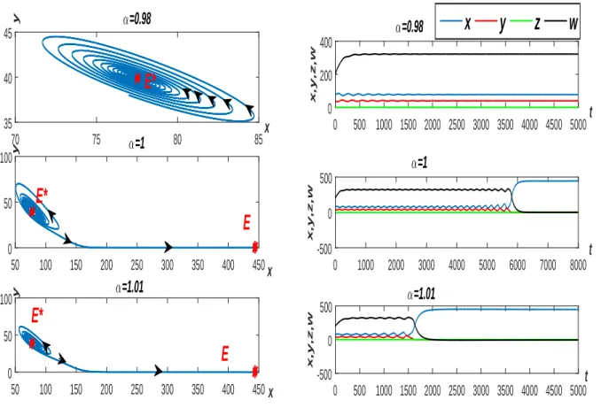Figure 3.4: a) Phase portrait and b) Time evolutions of system (3.18) for some values of α, with the parameter values Λ = 4.434486182758694, κ = 0.5, β = 0.001185, ω = 0.1654, σ = 20, µ = 0.0099909, ρ = 0.001, δ 1 = 0.001, δ 2 = 0.002, ξ = 0.01499932479815