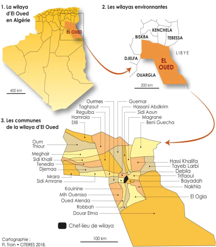 Figure III.1 : Carte géographique de la région du Souf avec la situation des zones d’études