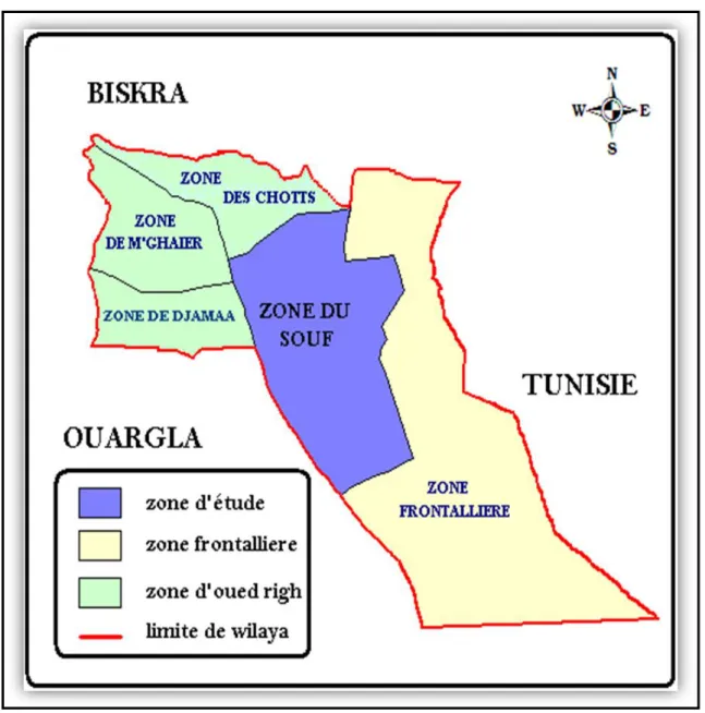 Figure III.3 : Situation géographique de la vallée de Souf dans la Willaya d’El-oued. 