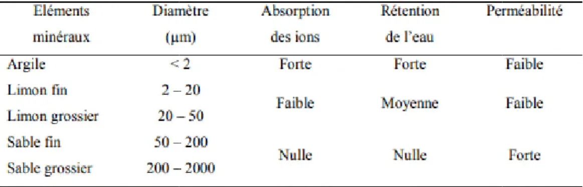 Tableau 01 : Dimension et propriété des éléments minéraux composant le sol Hénin, 1976).