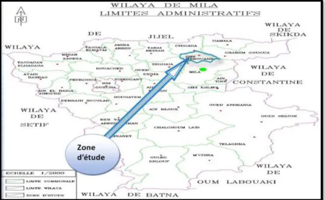 Figure 8 : Localisation de la station de Sidi Merouane dans la wilaya de Mila (O.N.A, 2014)           La  station d’épuration des eaux usées de sidi merouane a la capacité d’épuration de 20 657  m3/jour  137  000  équivalent  habitant  .Les  eaux  produite