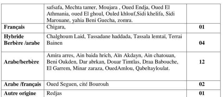 Tableau 12 : classement des toponymes selon leur origine linguistique    D’après le tableau ci-dessus, nous pouvons illustrer les résultats dans le secteur suivant : 