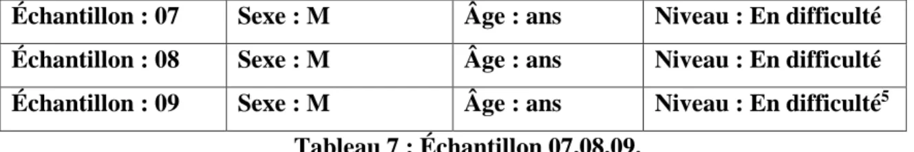 Tableau 7 : Échantillon 07,08,09. 