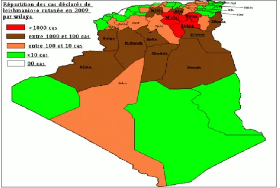 Figure 21. Répartition des cas déclarés de leishmaniose cutanée en 2009 par wilaya  (Epelboin, 2012)