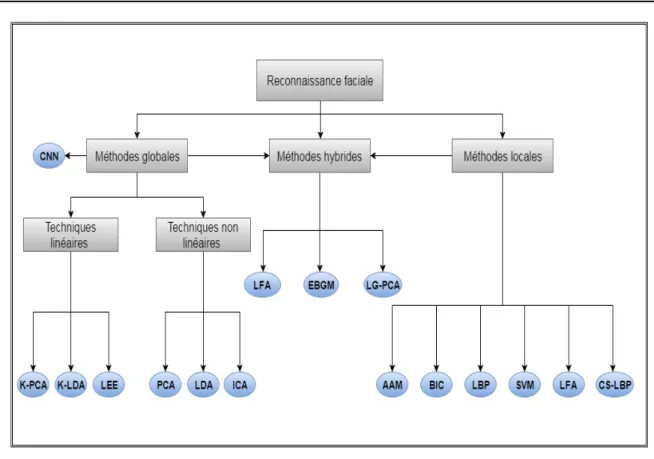 Figure 2.1 – Une classification des algorithmes principaux utilisés en reconnaissance faciale [14].