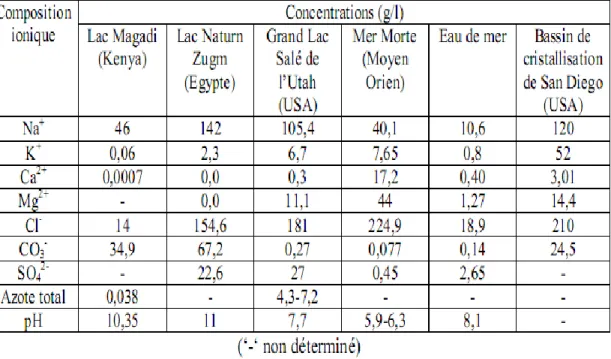 Tableau 01 : Composition ionique des environnements hyper-salins (Litchfield, 1998)  