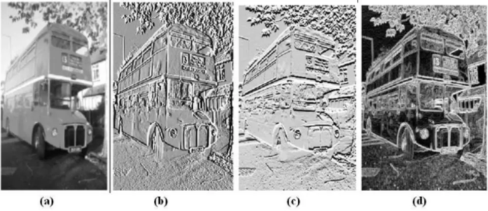 Figure 2.6 : Illustration of image gradient[43]. (a) gray-level image, (b) the first- first-order partial derivatives in the x-direction and (c) y-direction, and (d) the length of the gradient.