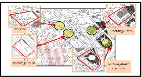 Figure 34 : Les formes géométriques des ilots dans le lotissement Bon Accueil  La source : Google earth +Traitement d’auteur 