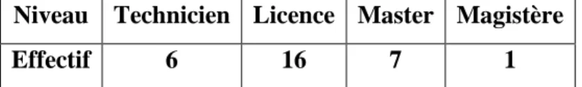 Tableau 3 : répartition des personnes enquêtées par niveau d’instruction  Niveau  Technicien  Licence  Master  Magistère 