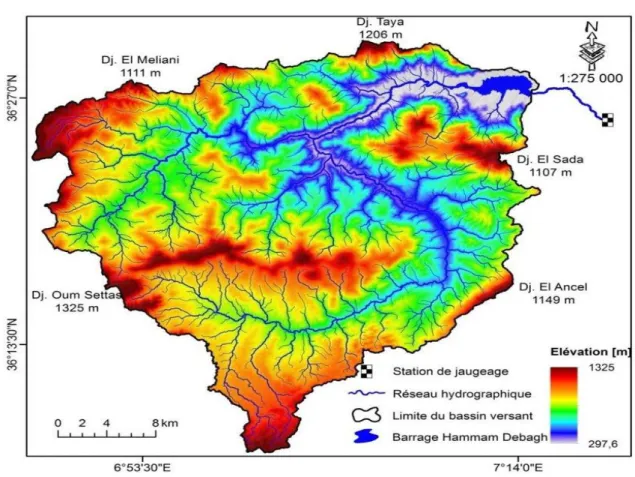 Figure I-2:Carte hypsométrique du bassin versant de l’Oued Bouhamdane (Bouguera et al, 2017)