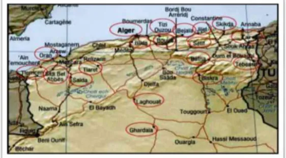Fig. 3.  Localisations géographiques des eaux embouteillées Algériennes [4]. 