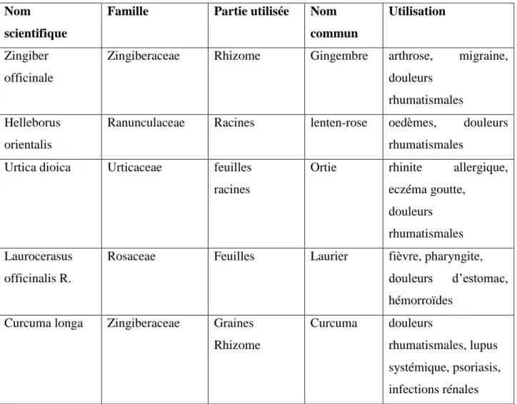 Tableau 04: Exemples de plantes médicinales anti-inflammatoires (Barnes, 1998 ; Erdemoglu et al.,  2003 ; Setty et Sigal, 2005).