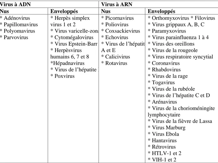 Tableau 1: Classification des virus selon les deux critères (Huraux, 2008). 