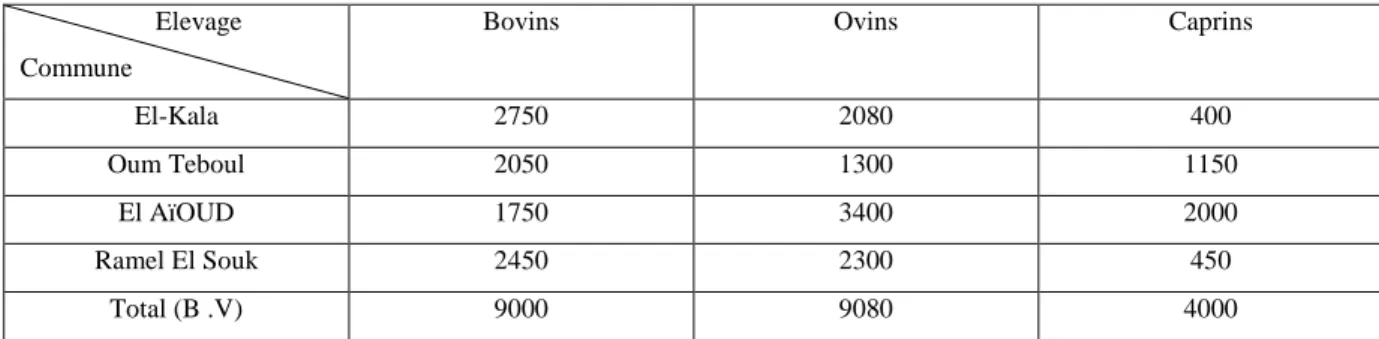 Tab. 1.6 : Effectifs de bovins, ovins et caprins dans le bassin versant du la Tonga 