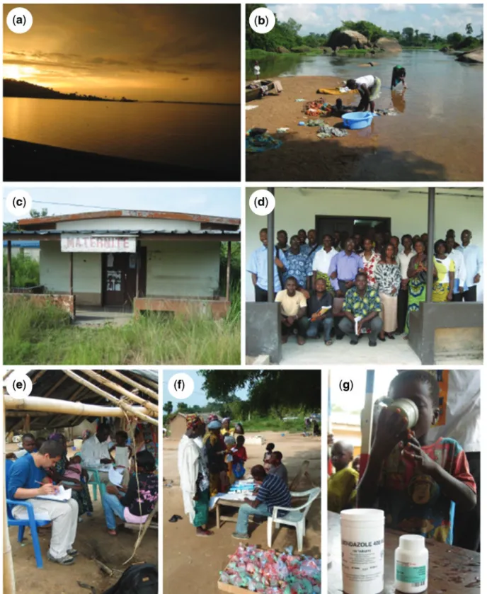 Figure 1. Photo-panel of Taabo HDSS: (a) sunset at Lake Taabo; (b) human water contact activities at Bandama River; (c) old maternity building kindly provided by the Health District of Tiassale´ for construction of site headquarters; (d) core team of Taabo