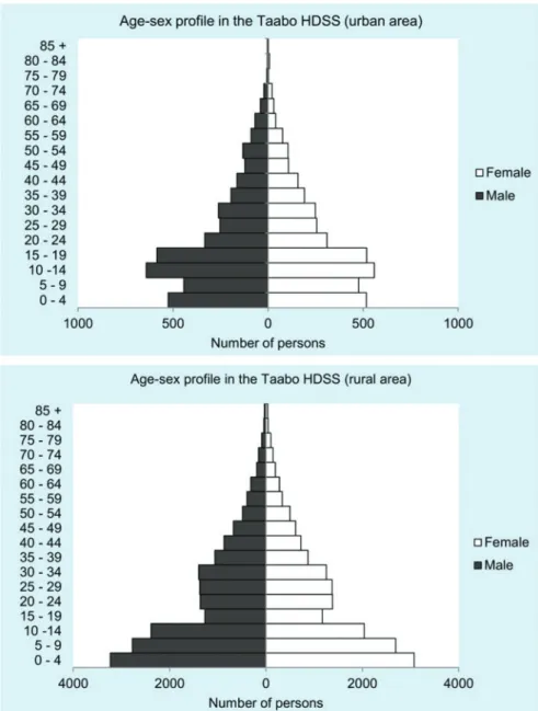 Figure 3. Static population pyramid of Taabo HDSS (urban and rural areas), as of December 2013 (y-axis, age in years).