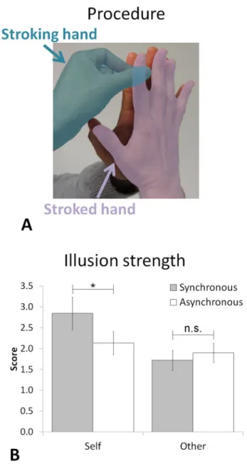 Fig. 1 Experimental procedure. (A) Procedure to induce the NI: subject’s stroked hand (indicated in violet) is held against another person’s palm and the subject strokes with the index and thumb of his other free hand (i.e