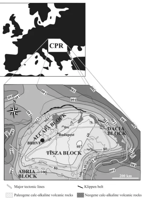 Fig. 1. Location map (top) showing the Carpathian^Pannonian Region (CPR) and a schematic geological map (bottom) of the CPR showing the lithosphere thickness (in km) beneath the region after Lenkey (1999), the location of Neogene and Paleogene calc-alkalin