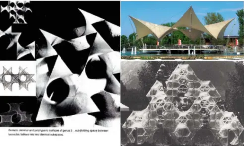 Fig. 1. Examples from architecture and from arts for utilization of minimal surfaces: (left) – Michael Burt [11]; (upper – right) – Frei Otto, soap bubble model; (lower – right) – Frei Otto, Tanzbrunnen Ko¨ln [12].