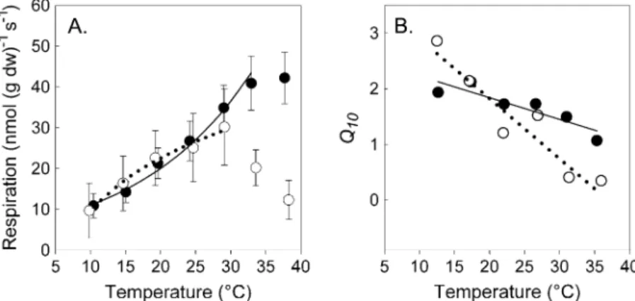 Fig. 3. Respiratory responses of roots in moist soil to changes in temperature. (A) Respiration of roots exposed to each temperature for 1 h (n=6; filled circles and continuous line between 10 8C and 32 8C; y=6.04e 0.0599x , R 2 =0.988) and for 3 d (n=5; o