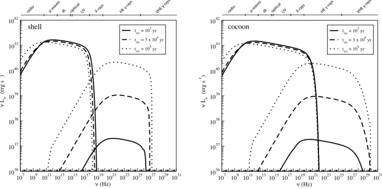 Figure 2. Computed SEDs of the non-thermal synchrotron and IC emission from the shell and the cocoon for three different ages: 10 5 (solid line), 3 × 10 6 (long-dashed line) and 10 8 yr (dotted line)