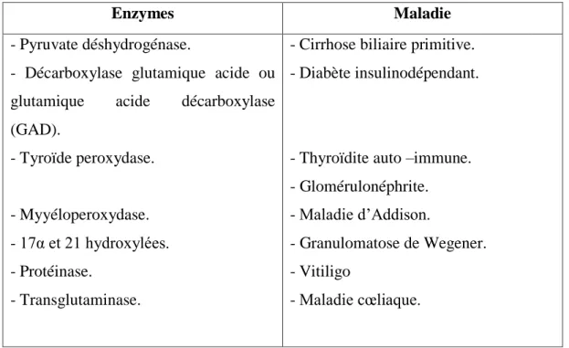 Tableau 3 : Enzymes comme des auto-antigènes (Lydyard  et al., 2002). 