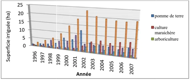 Fig. n°8 : Evolution des superficies irriguées en (ha) par groupe de culture dans le  périmètre d’irrigation de la plaine de Guelma Compagne (ONID