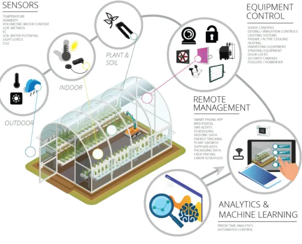 Figure 1.1. Les éléments principaux qui composent un système de serre intelligente [13]