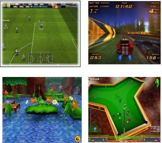 Figure 6 : De gauche à droite, de haut en bas : Jeu de foot PES 2011, Jeu de course 2011, Frogger 3D (Récent) , jeu de billard 