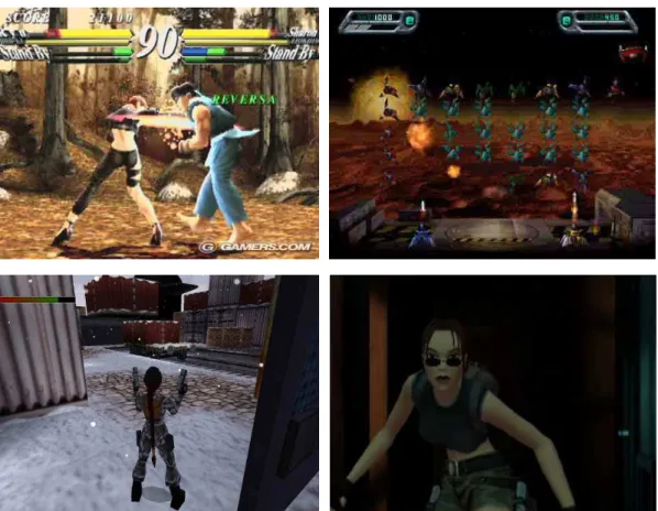 Figure 7 : de gauche à droite, de haut en bas : Street Fighter 3 (2000), Space Invaders  (version récente),Tomb Raider (1997),  Tomb Raider (2001)  