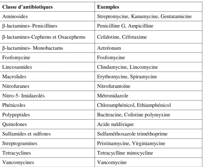Tableau 11 : Classification biochimique des antibiotiques (Joffin et Leyral, 2006). 