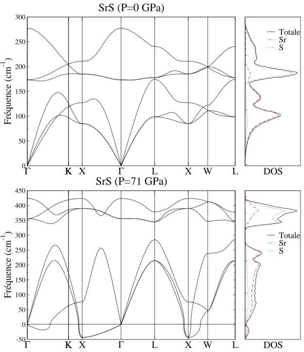 Figure 6.5: Spectre des phonons et la densité d'état des phonons (DOS) calculés pour SrS à P = 0 et à P = 71 (en GPa), dans la phase B1.