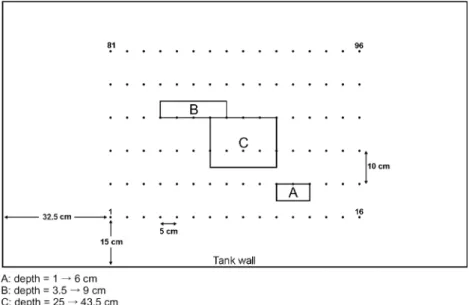Figure 12. Tank layout with positions of boundaries (outer rectangle), electrodes (dots) and plastic rectangular blocks (inner rectangles)